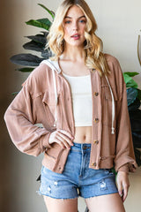 Reborn J Women's Striped Button-Up Hooded Jacket with Drawstring