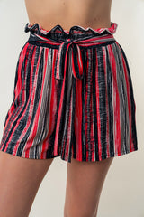 White Birch High Waisted Striped Knit Shorts with Adjustable Tie