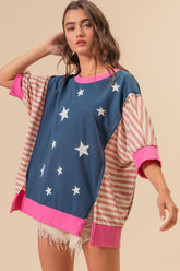 Patriotic US Flag Color Block T-Shirt with Star Patches - BiBi