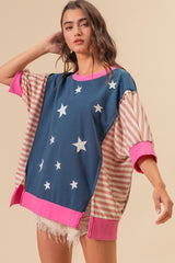 Patriotic US Flag Color Block T-Shirt with Star Patches - BiBi