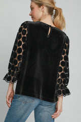 Umgee Women's Polka Dot Lace Blouse - Long Sleeve & Round Neck