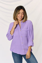 Zenana Women's Textured Button-Up Raw Hem Long Sleeve Cotton Shirt