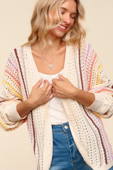 Haptics Women's Full Size Striped Crochet Open Front Cardigan - Boho Chic Layering Apparel