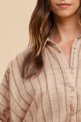 Annie Wear Women's Striped Button-Up Half Sleeve Cotton Shirt