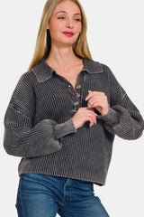 Zenana Women's Washed Cotton Half Button Long Sleeve Sweater - Casual Chic