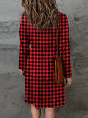 Double Take Plaid Round Neck Long Sleeve Mini Dress with A-Line Hem