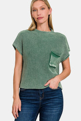 Zenana Washed Mock Neck Short Sleeve Cropped Sweater - Trendy Cotton Knitwear