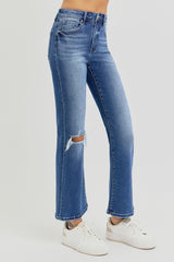 RISEN Women's Distressed High Rise Crop Flare Jeans - Trendy Denim Fashion