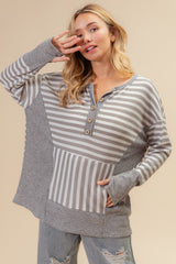 BiBi Women's Striped Thumbhole Long Sleeve Thermal Henley Top