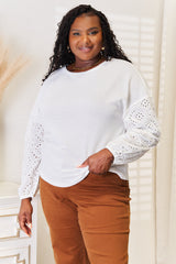 Elegant Eyelet Dropped Shoulder Round Neck Blouse for Versatile Styling