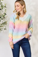 BiBi Rainbow Gradient Crochet Detail Sweater with Elegant Tassels