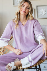 First Love Women's Contrast V Neck Ribbed Knit Top - Trendy & Comfortable