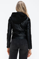 Trendy Faux Leather Zip-Up Jacket with Drawstring Hood - Snobbish Collection by NK Wears