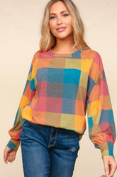 Haptics Contrast Plaid Round Neck Sweater - Cozy & Stylish Wardrobe Essential