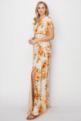 HYFVE Elegant Floral Tie Back Maxi Dress with Slit & Short Sleeves
