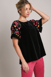 Umgee Full Size Velvet Embroidery Short Sleeve Blouse - Elegant Vintage Style