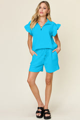 Trendy Flounce Sleeve Top & Drawstring Shorts Set - Double Take Collection