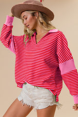 BiBi Women's Striped Contrast Long Sleeve Knit Top - Versatile & Chic