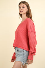 Cozy Fall Fashion: VERY J Women's V-Neck Ribbed Knit Top with Exposed Seams