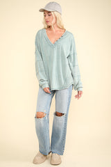 VERY J Women's Washed V-Neck Knit Top with Stylish Exposed Seams & Button Details