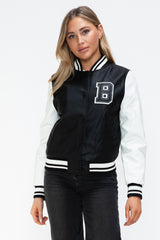 Vintage-Style PU Leather Bomber Jacket - Snap Down Contrast, NK Wears