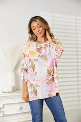Elegant Floral Round Neck Three-Quarter Sleeve Women's Top