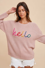 Annie Wear 'HELLO' Embroidered Raglan Sleeve Sweater - Cozy Women's Knitwear with Sporty Chic