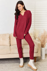 Trendy Ribbed Two-Piece Notched Long Sleeve Top and Pants Set