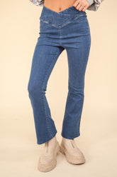 VERY J Crossover Waist Stretchy Flare Denim Leggings - Stylish & Comfortable Fit