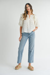 MABLE Women's Eyelet Lace Ruffle Shoulder Puff Sleeve Blouse