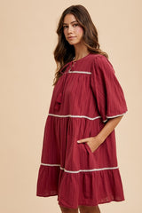 Annie Wear Bohemian Tassel Trim Tiered Cotton Dress - Half Sleeve & Tie Neck