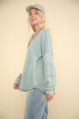 VERY J Women's Washed V-Neck Knit Top with Stylish Exposed Seams & Button Details