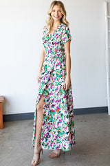First Love Slit Printed Surplice Tie Waist Short Sleeve Dress - Trendy & Versatile Women's Fashion