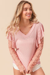 BiBi Women's Ruffled Lace Sleeve Rib Knit Top - Elegant & Versatile Fashion