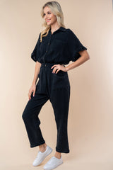 White Birch Textured Short Sleeve Jumpsuit with Button-Down Front and Side Pockets