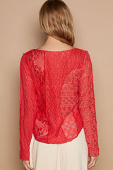 POL Women's Exposed Seam Long Sleeve Lace Knit Top - Elegant Round Neck Blouse