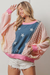 BiBi Women's Stars and Stripes Round Neck Long Sleeve Top - Trendy Casual Wear