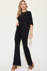 Women's Bamboo Drop Shoulder T-Shirt & Flare Pants Set - Basic Bae Collection