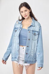 RISEN Women's Full Size Distressed Long Sleeve Denim Jacket - Vintage Style