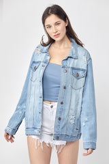RISEN Women's Full Size Distressed Long Sleeve Denim Jacket - Vintage Style