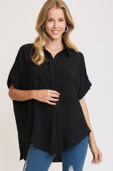 Umgee High-Low Button Up Short Sleeve Shirt - Chic Asymmetrical Style for Modern Fashionistas