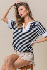 BiBi Contrast Striped Notched Knit Top - Chic & Versatile Modern Fashion