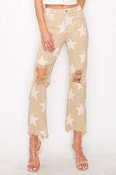 Trendy High Rise Star Printed Jeans with Distressed Frayed Hem