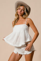 BiBi Fringed Hem Smocked Cami Top - Trendy Bohemian Style