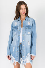 American Bazi Distressed Frayed Hem Denim Jacket - Vintage Style Cotton Outerwear