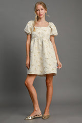Umgee Heart Jacquard Puff Sleeve Mini Dress - Elegant Square Neckline for Romantic Occasions
