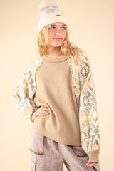 VERY J Women's Stylish Round Neck Knit Top - Printed Long Sleeve, Cozy Comfort
