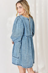 HEYSON Oversized Denim Babydoll Dress - Full Size Trendy Balloon Sleeve