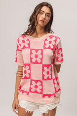 BiBi Flower Checker Pattern Short Sleeve Sweater - Chic & Stylish
