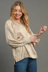 Umgee Wrinkled Lantern Sleeve Blouse - Chic Round Neck Top